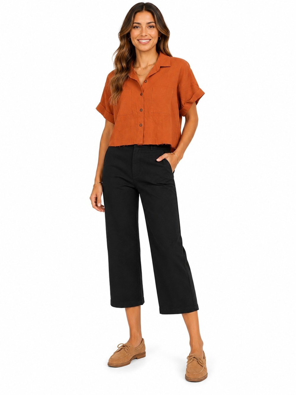 Linen Blend Button Down Crop Top Raw Hem Shirt M